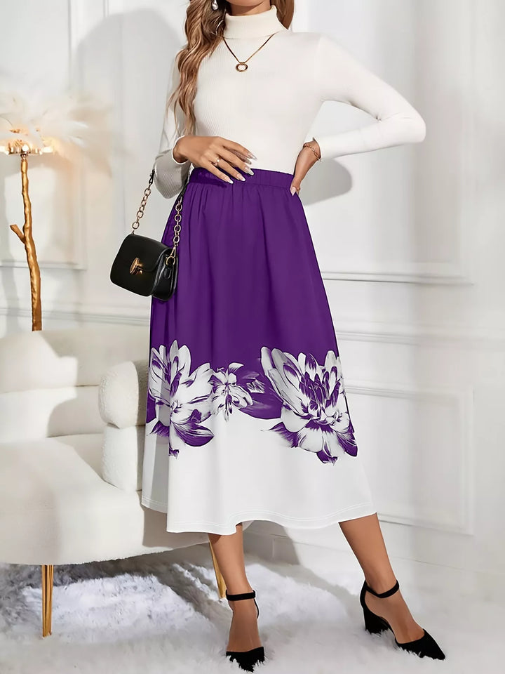 Purple Floral border A-line midi skirt with elastic waist