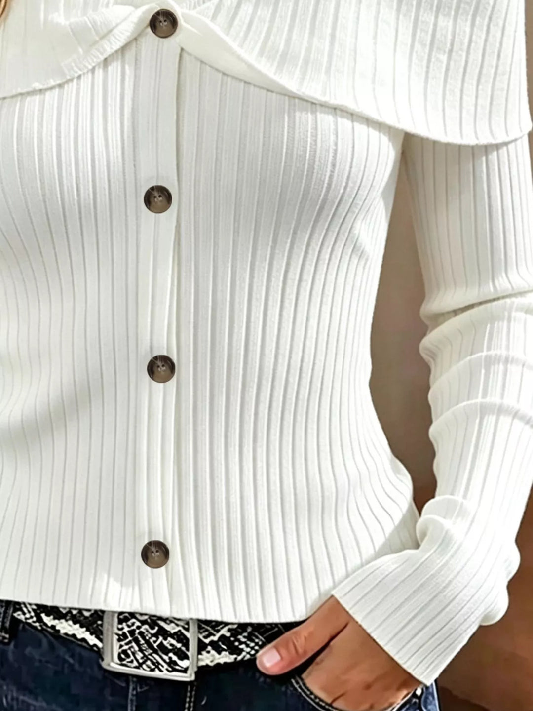 Cold shoulder ribbed knit top with foldover collar and buttons