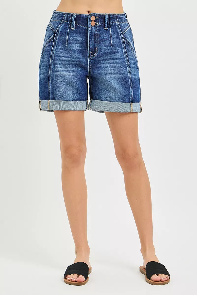 High-rise double-button seamed cuffed denim shorts