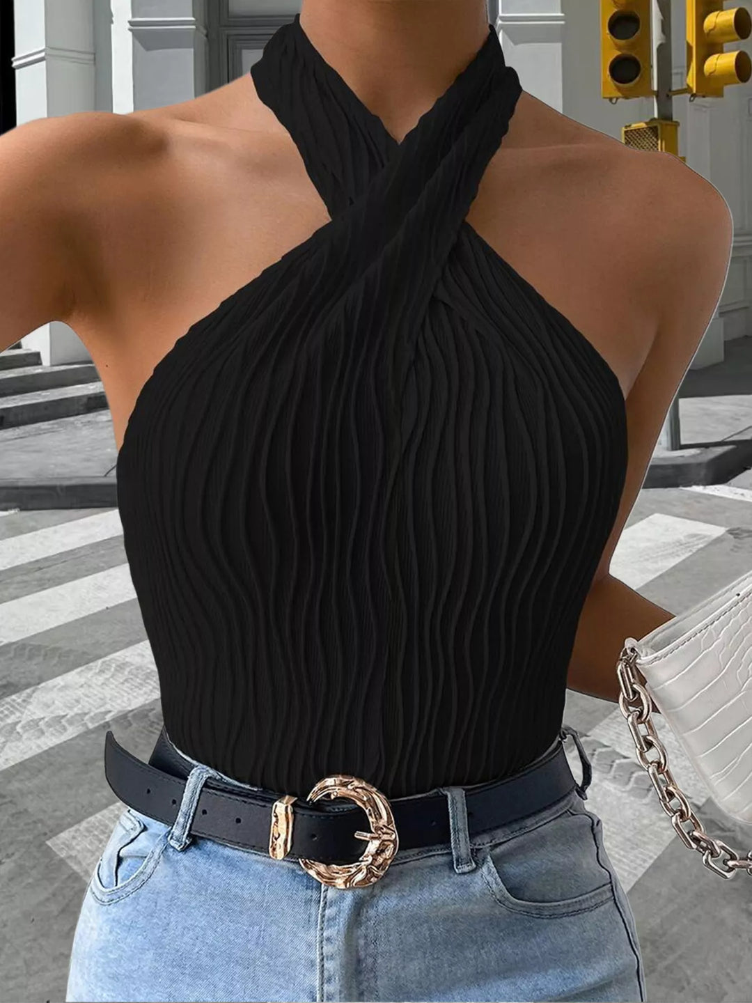 Crossover halter tank top with wave crinkle texture