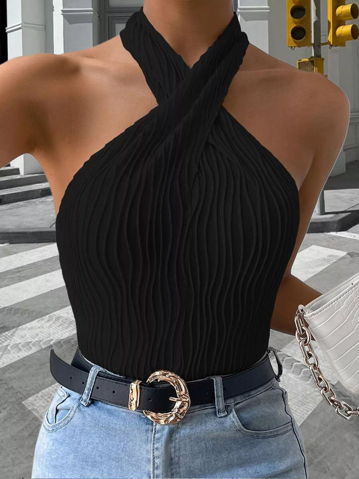 Crossover halter tank top with wave crinkle texture