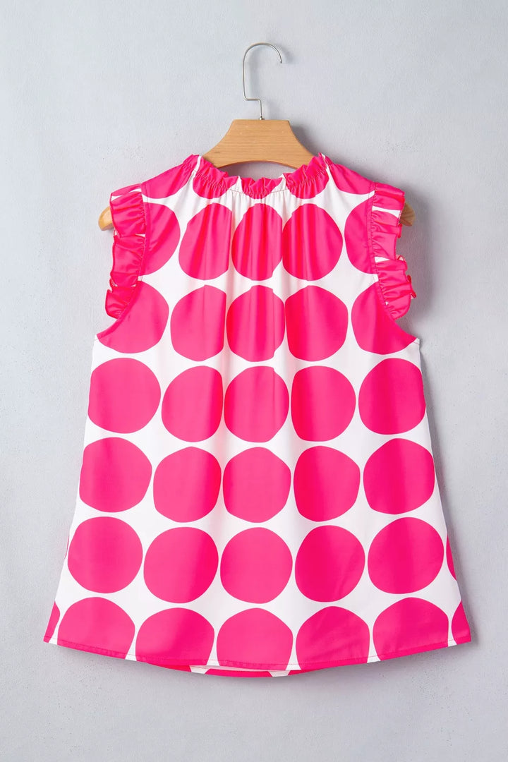 Large polka dot ruffle-neck sleeveless shift top