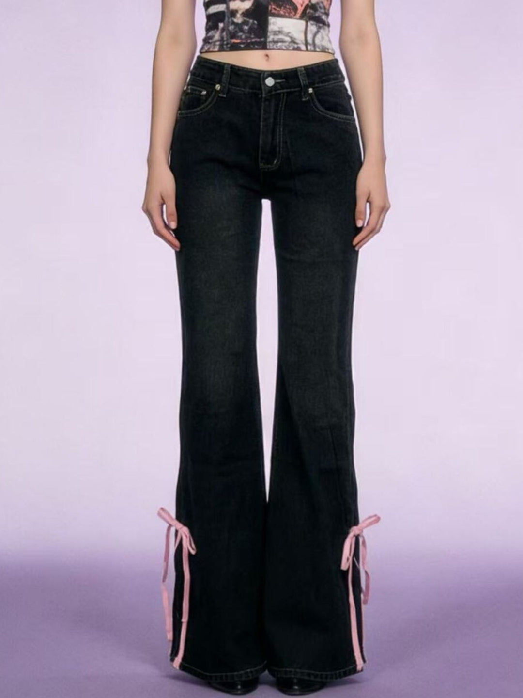 Low-rise flare jeans with ribbon bow leg slits