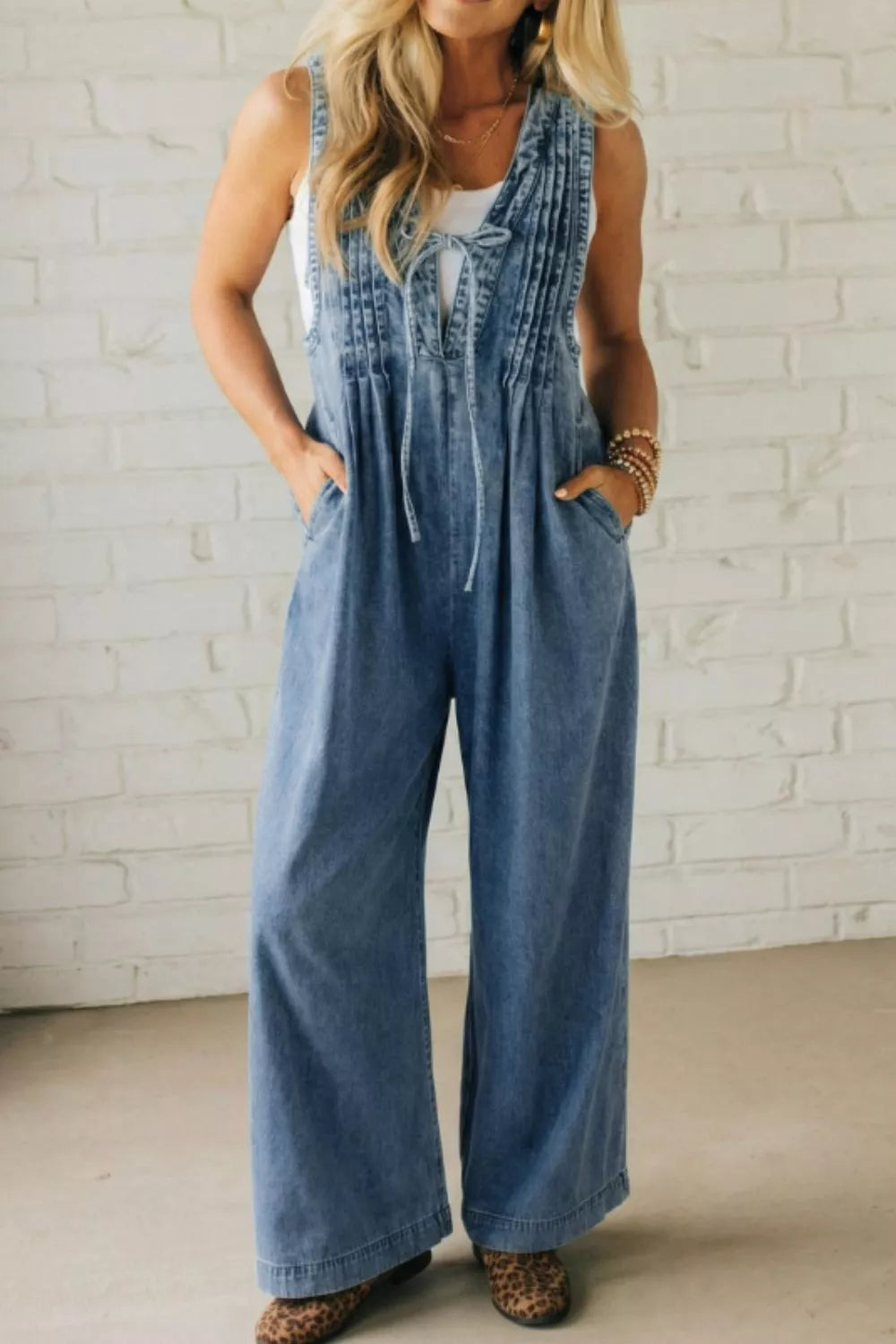 Dusty Blue Acid wash pintuck tie V-neck wide-leg denim jumpsuit