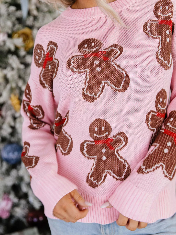 Gingerbread man knit pullover sweater with drop shoulders