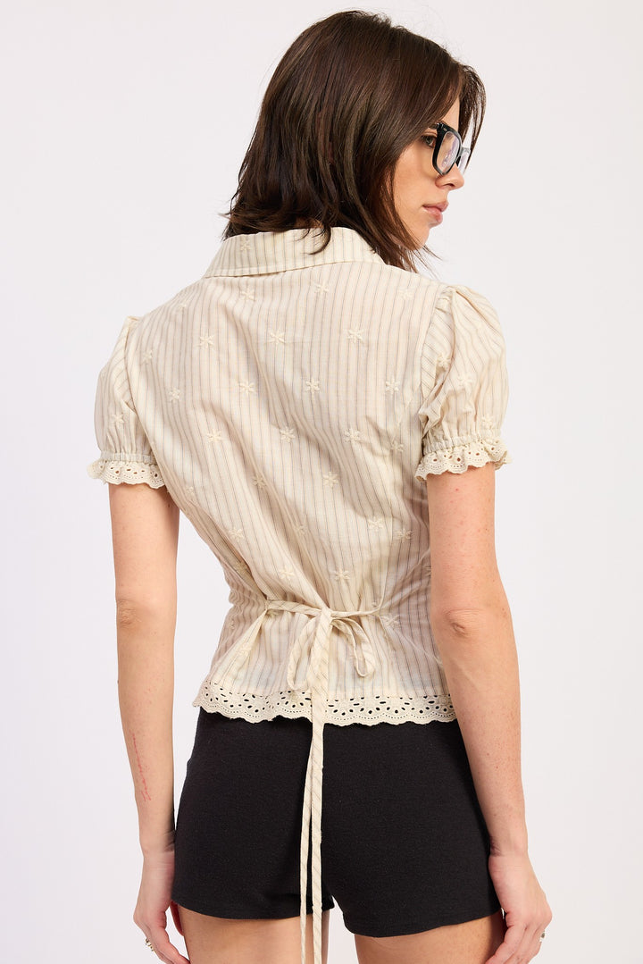 Pinstripe eyelet trim cap sleeve button-up shirt - NATURAL STRIPE