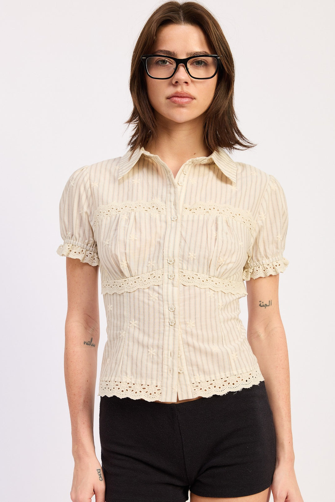 Pinstripe eyelet trim cap sleeve button-up shirt - Beige