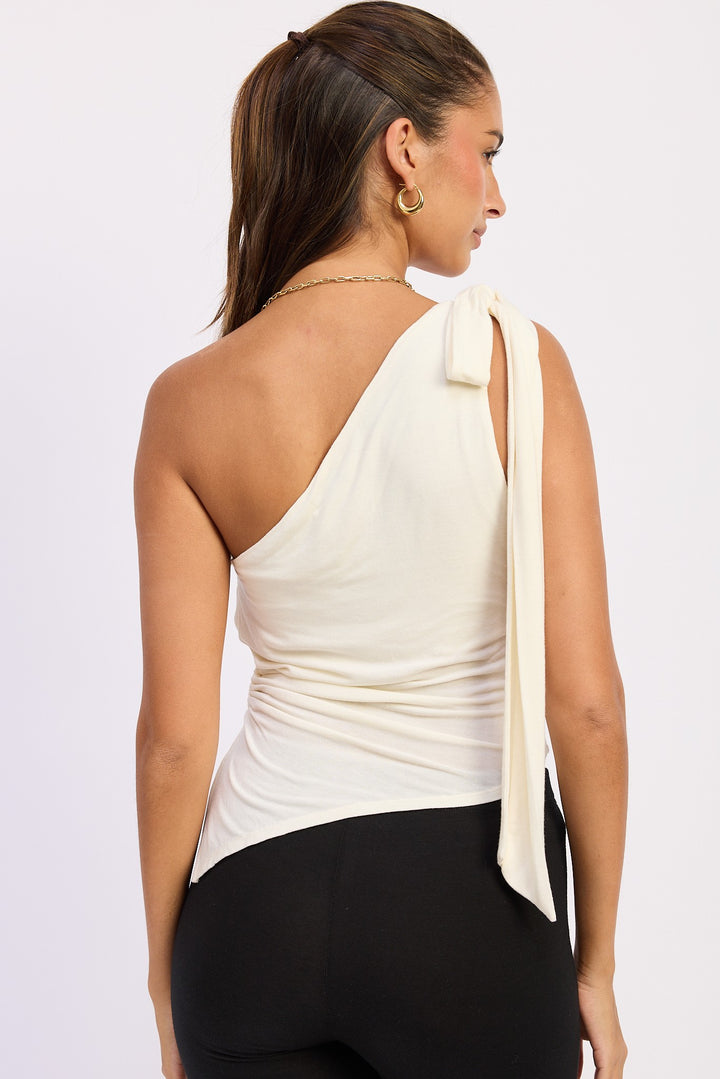 One-shoulder asymmetrical top with O-ring shoulder tie - IVORY