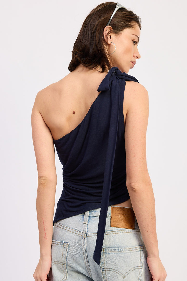 One-shoulder asymmetrical top with O-ring shoulder tie - NAVY
