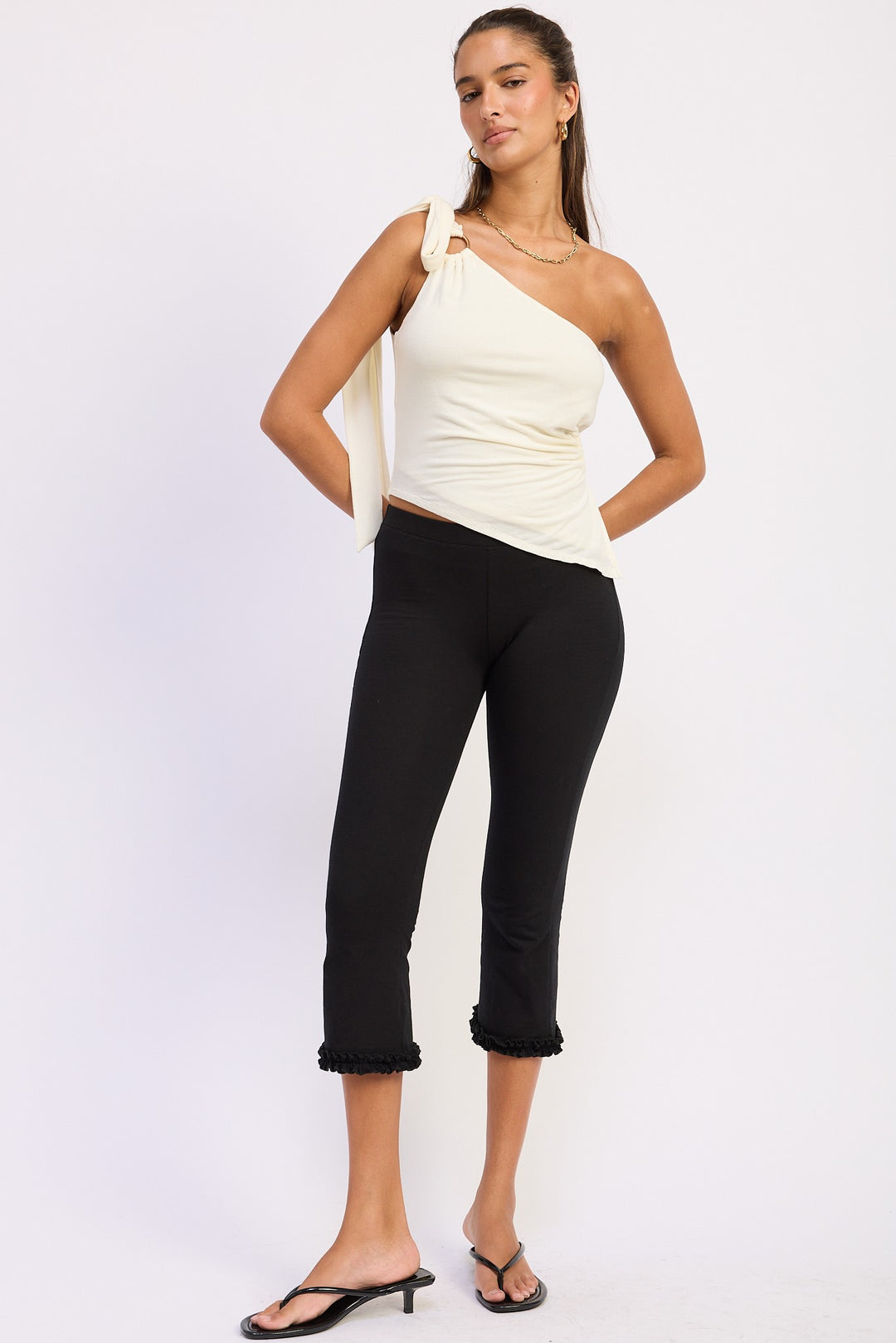 One-shoulder asymmetrical top with O-ring shoulder tie - IVORY