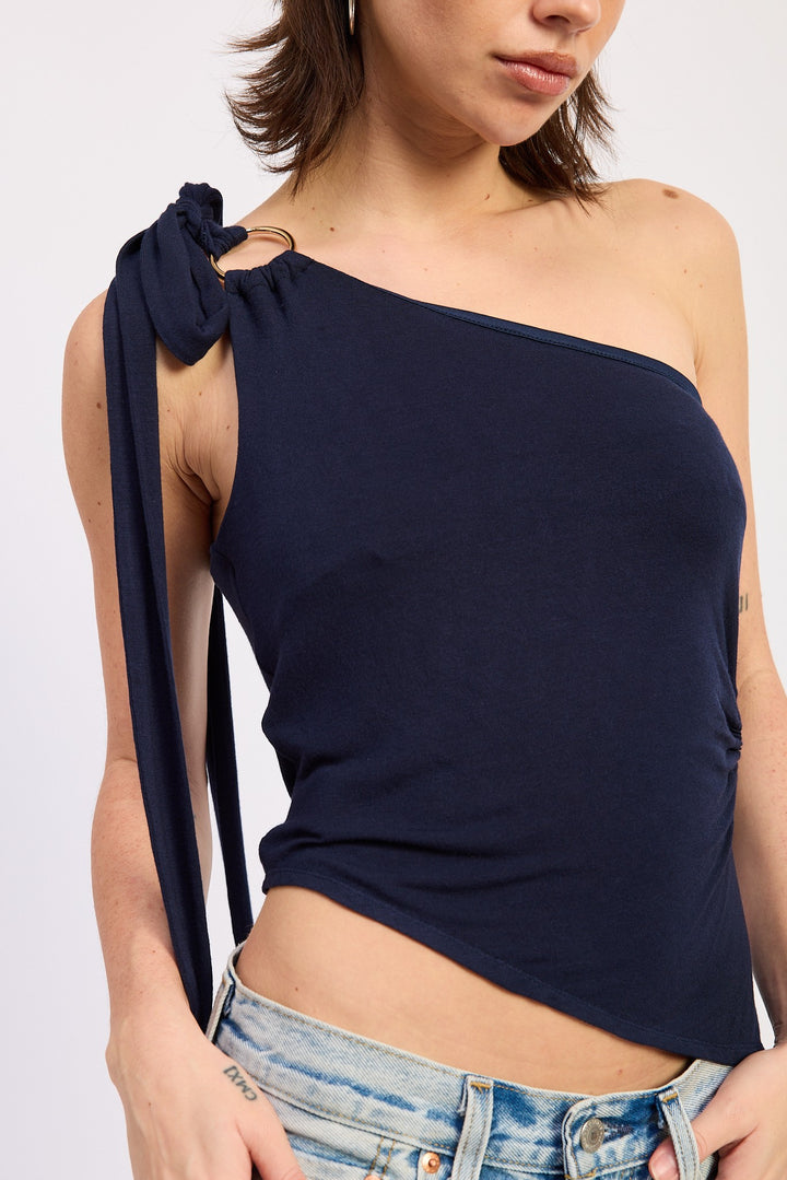 One-shoulder asymmetrical top with O-ring shoulder tie - NAVY