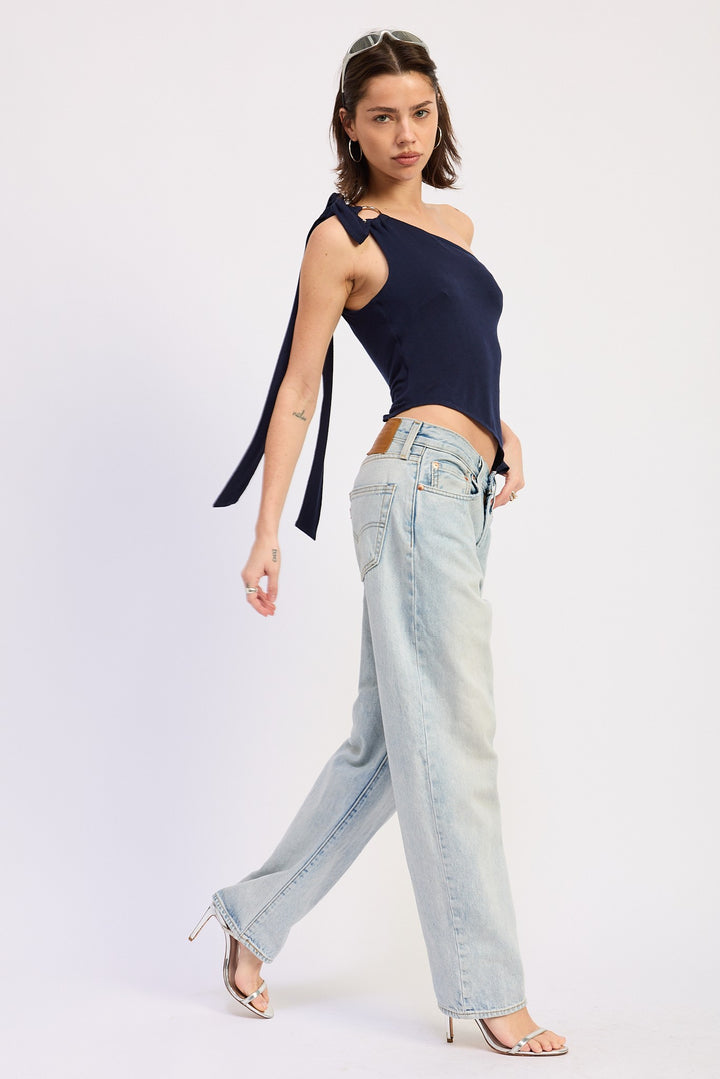 One-shoulder asymmetrical top with O-ring shoulder tie - NAVY
