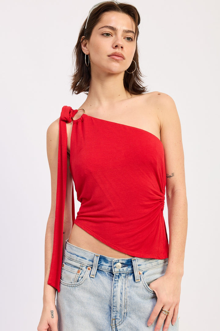 One-shoulder asymmetrical top with O-ring shoulder tie - Red