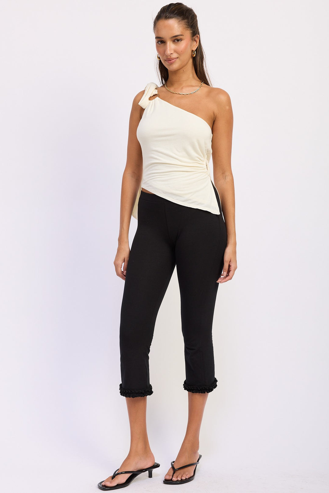 One-shoulder asymmetrical top with O-ring shoulder tie - IVORY