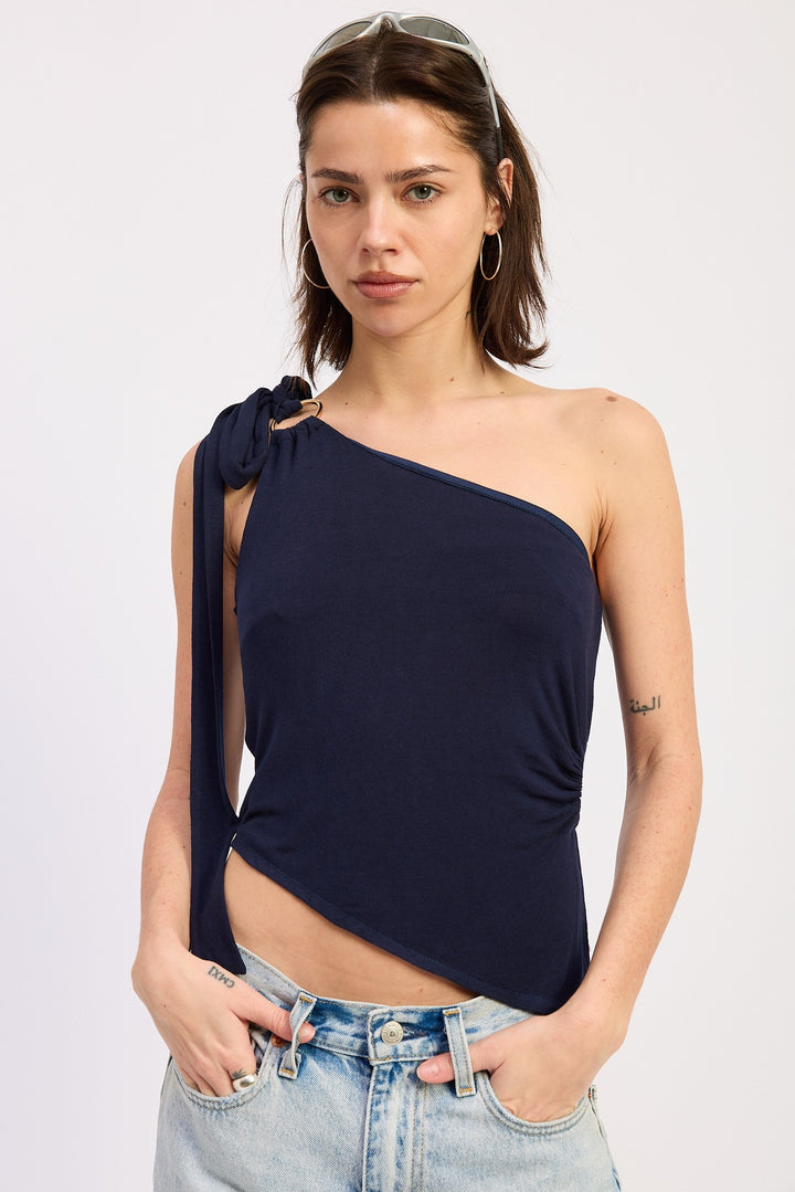 One-shoulder asymmetrical top with O-ring shoulder tie - Navy