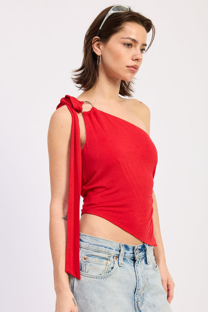 One-shoulder asymmetrical top with O-ring shoulder tie - RED