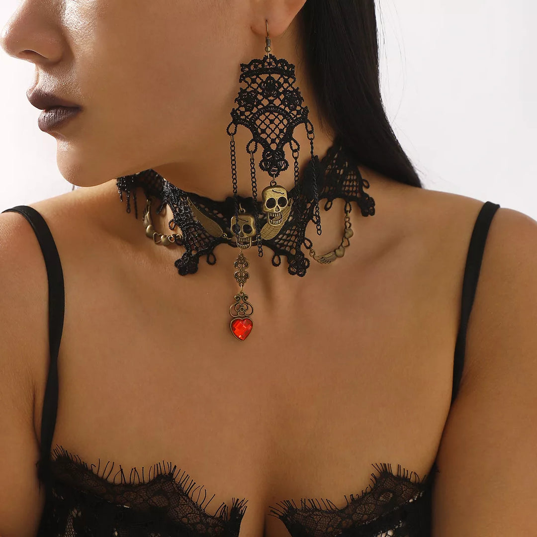 Black Lace skull choker necklace and drop earrings jewelry set