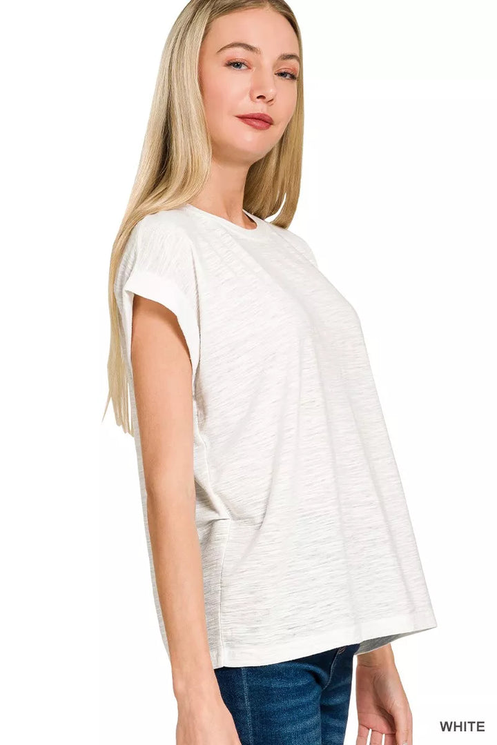 Slub knit tee with cuffed short sleeves and crew neck