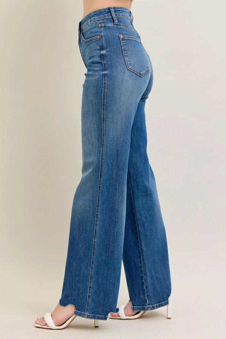 High-rise tummy control wide leg jeans with raw chewed hem