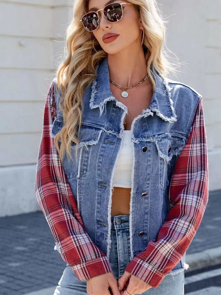 Dusty Blue Raw hem denim jacket with plaid contrast sleeves