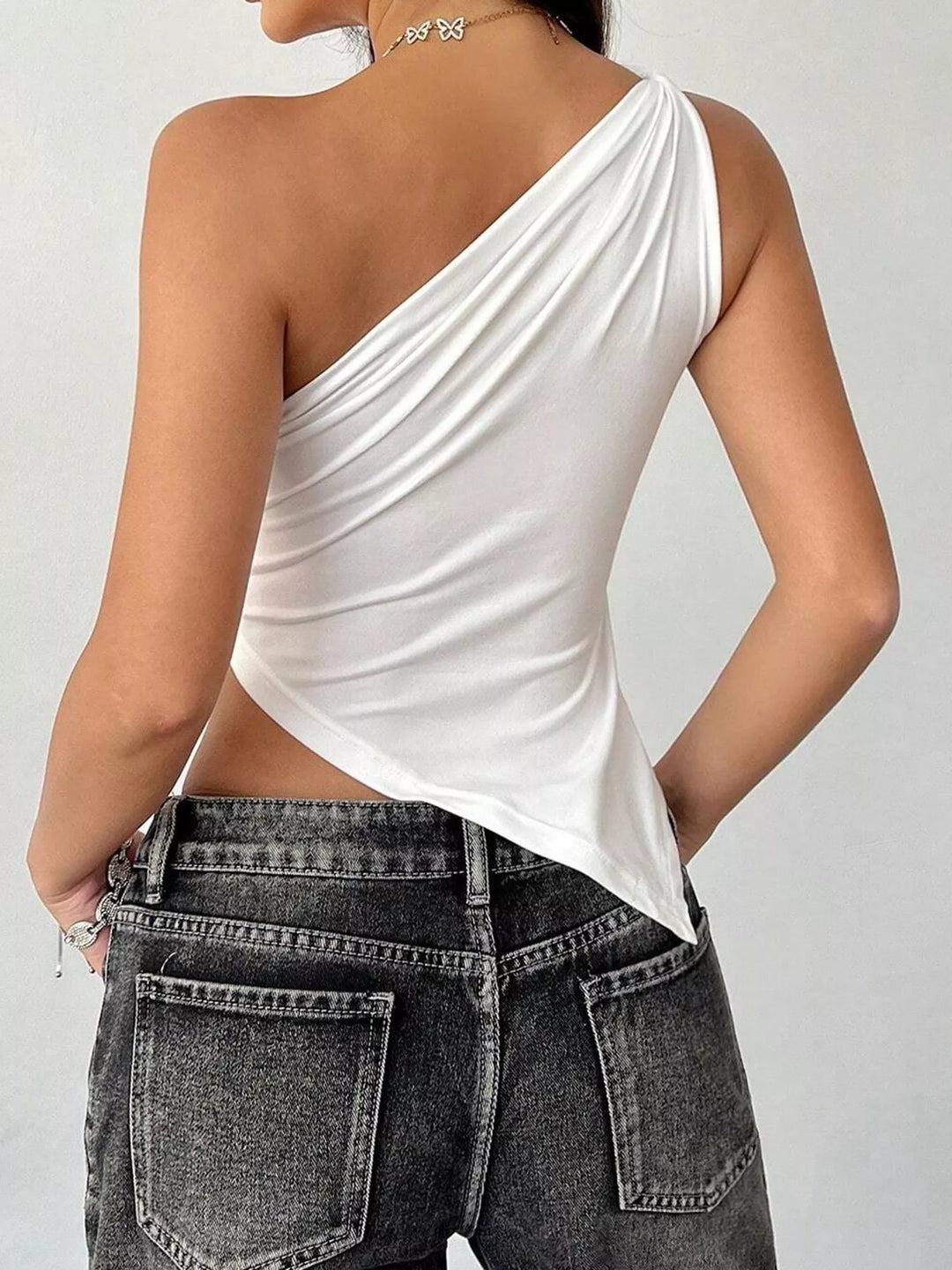 Fitted one-shoulder cami with asymmetric hem