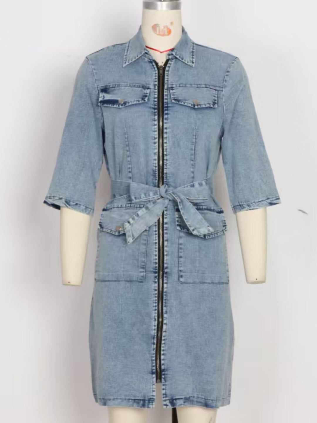 Light Blue Zip-front tie-waist short sleeve denim mini dress