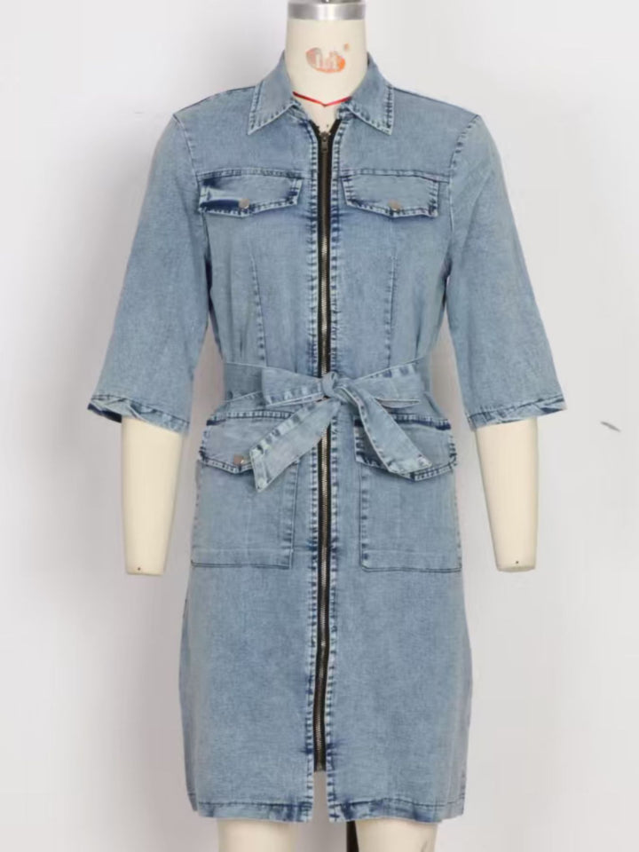 Light Blue Zip-front tie-waist short sleeve denim mini dress