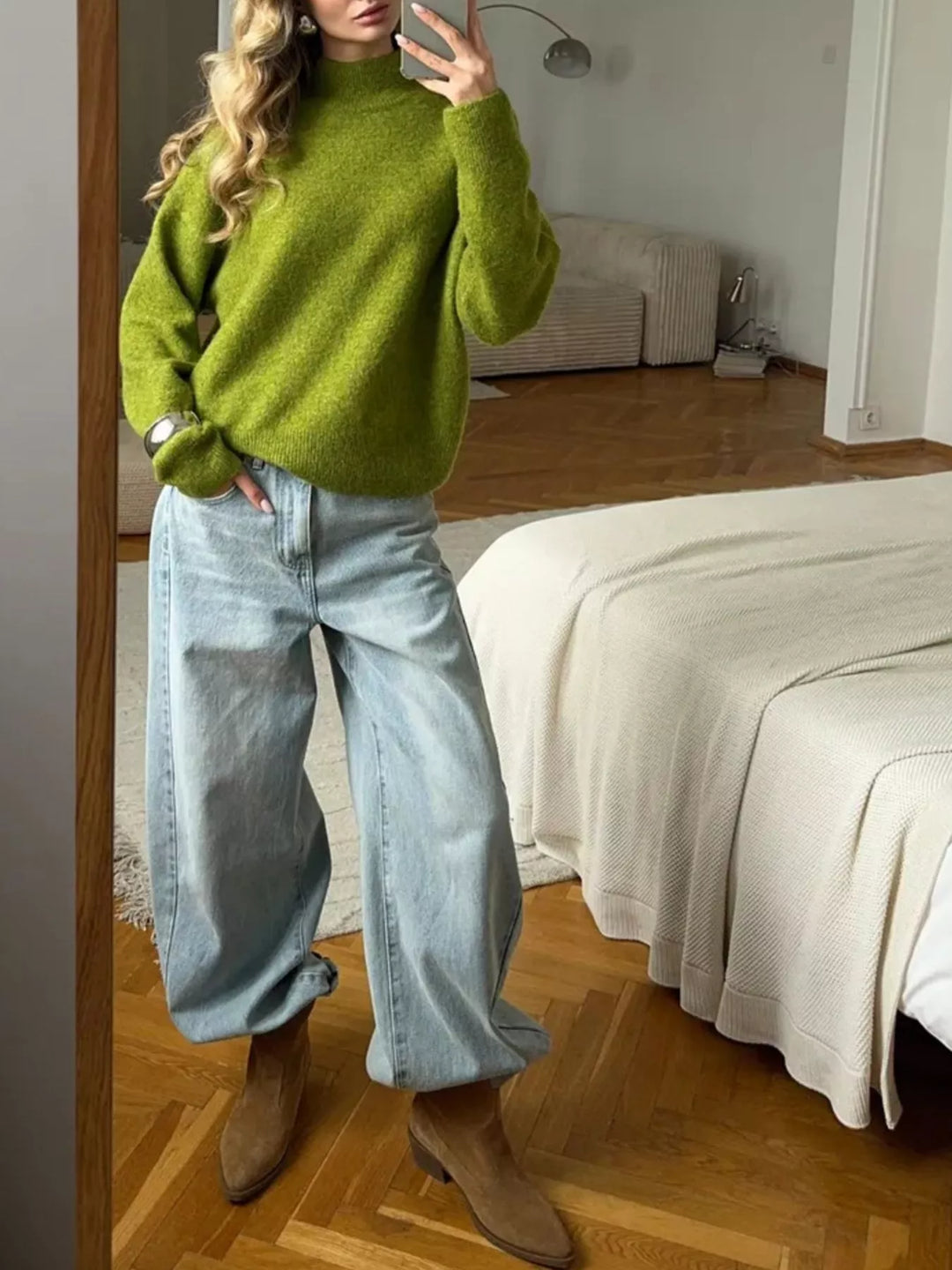 Ribbed mock neck dropped shoulder knit sweater