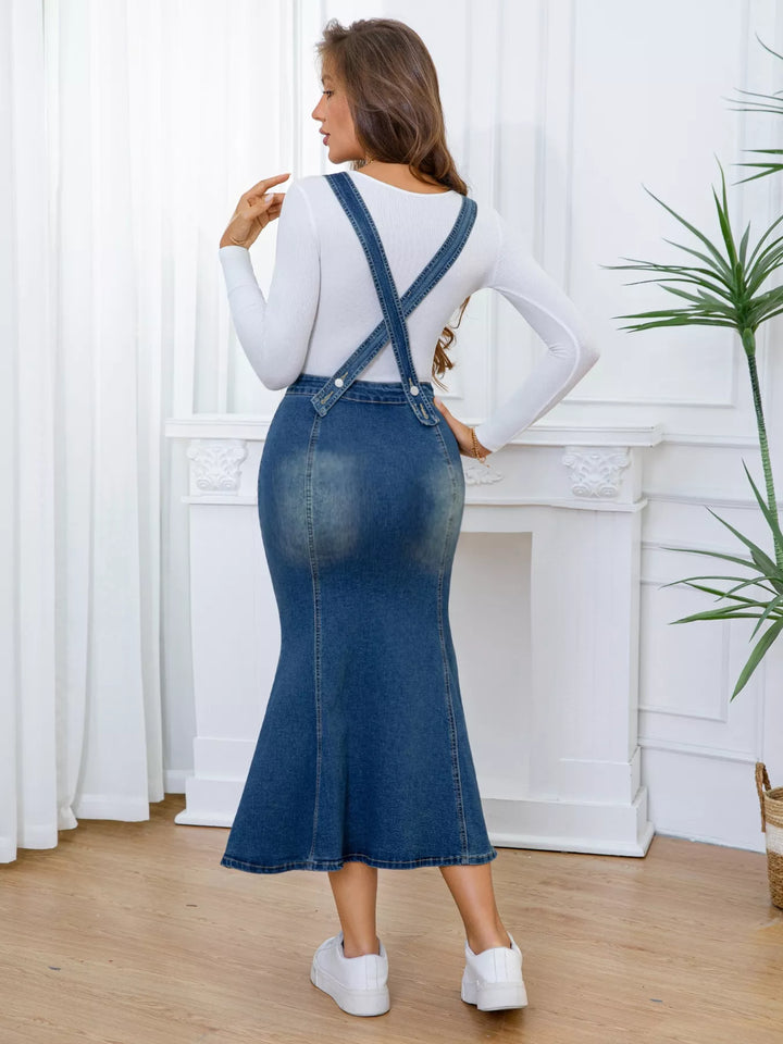 Button-front denim overall midi dress with fishtail hem