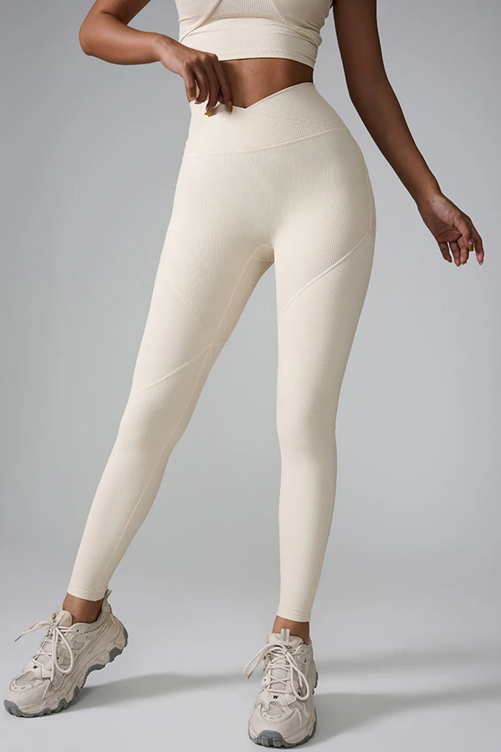 Ivory Ribbed high-waist crossover seamless leggings