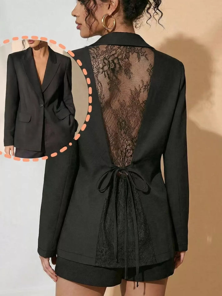 Floral lace back one-button blazer with tie waist