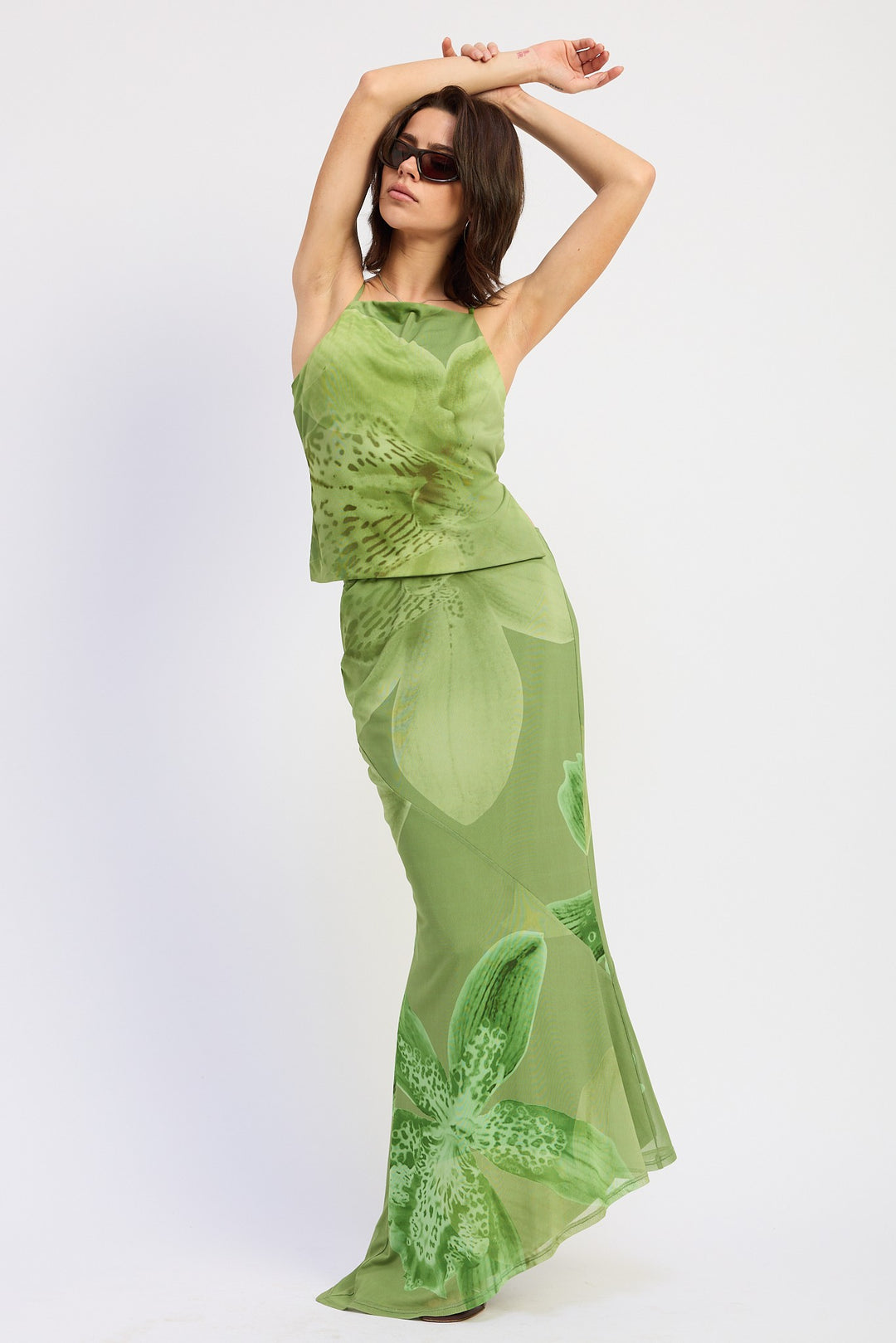 Floral print mermaid maxi skirt with flared hem - Green