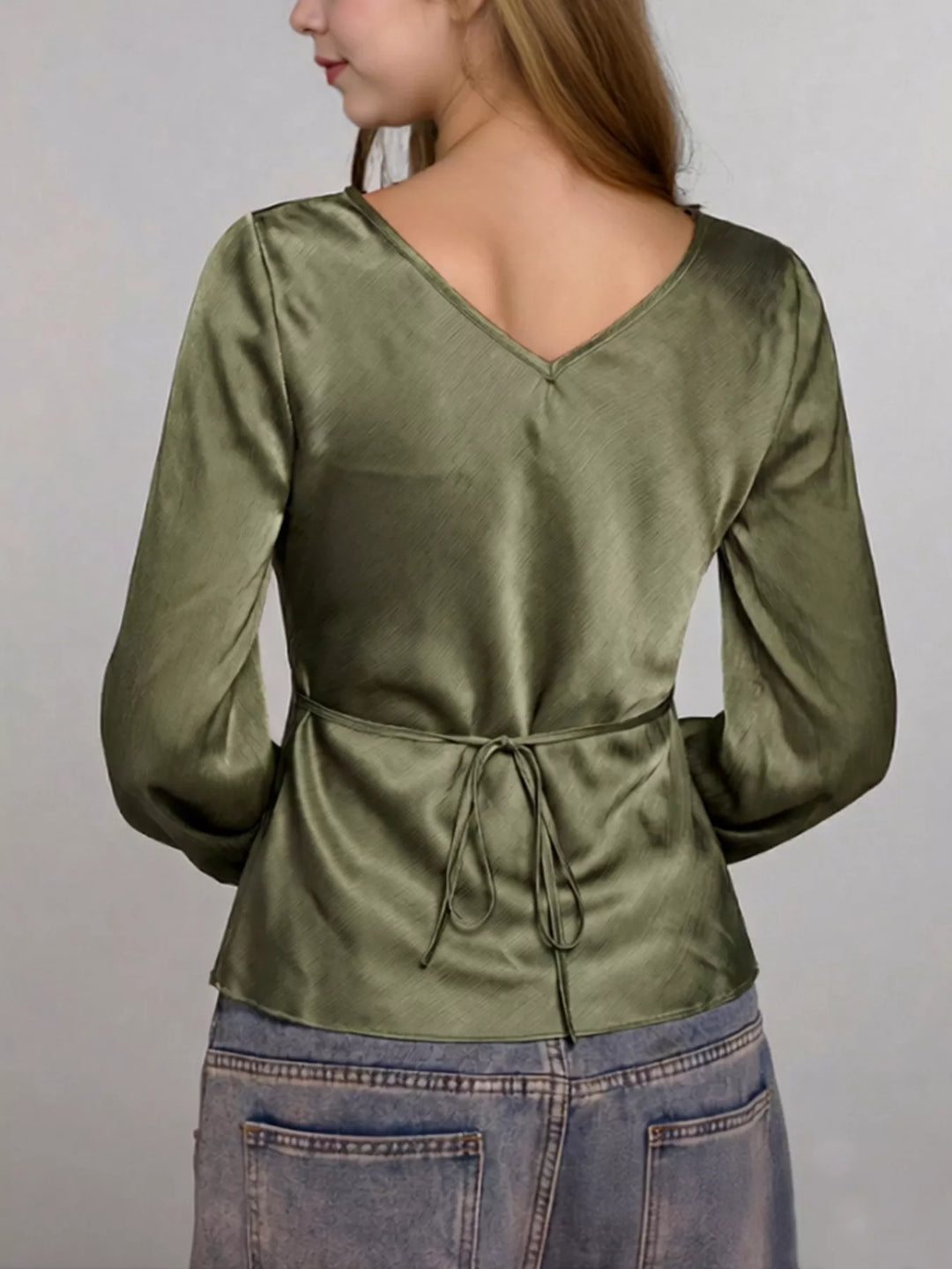 Satin tie-front blouse with bell sleeves and V-neck