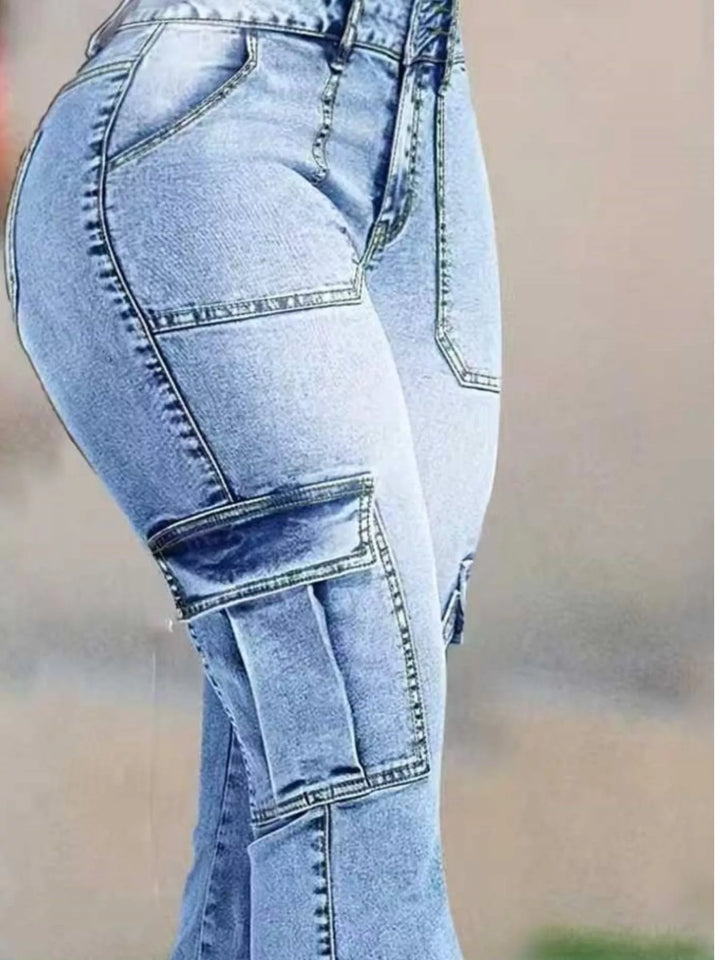 High-rise flare leg cargo jeans with patch pockets