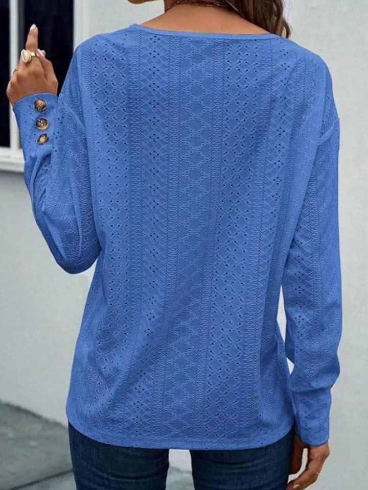 Eyelet V-neck long sleeve top with button cuffs