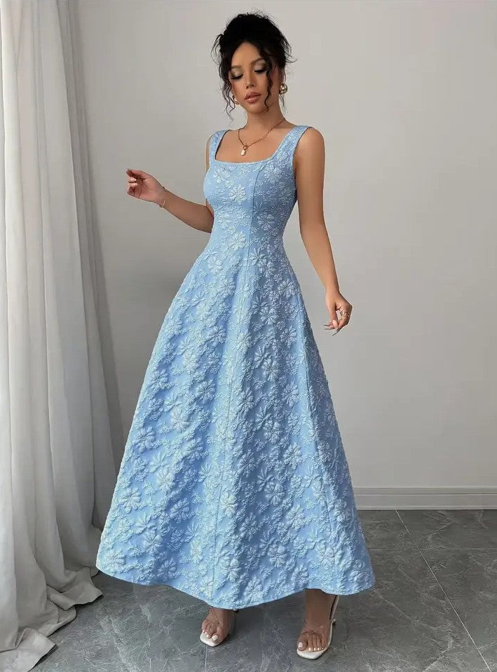 Floral jacquard square neck A-line midi dress - Blue