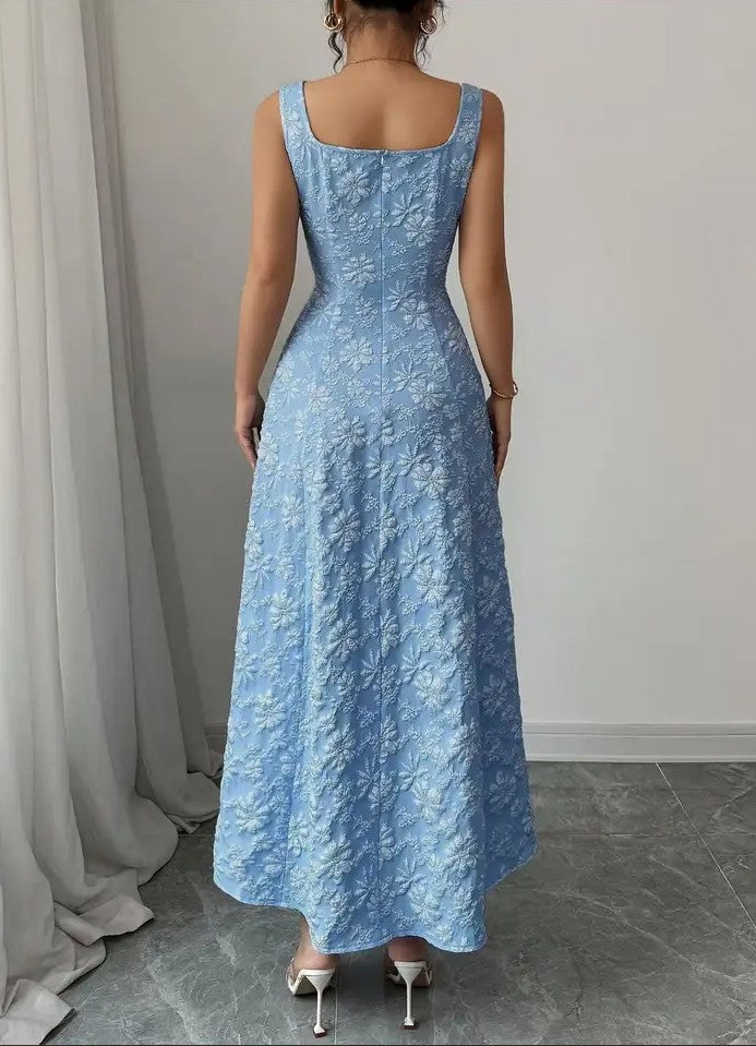 Floral jacquard square neck A-line midi dress