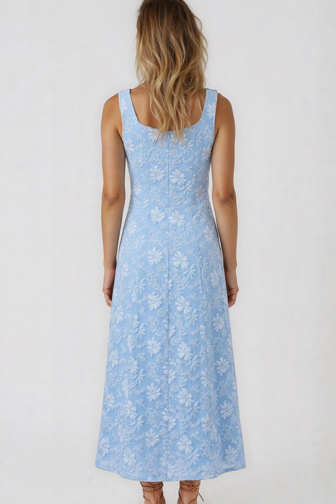 Floral jacquard square neck A-line midi dress