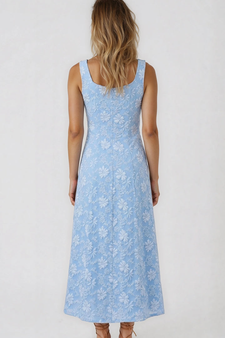 Floral jacquard square neck A-line midi dress