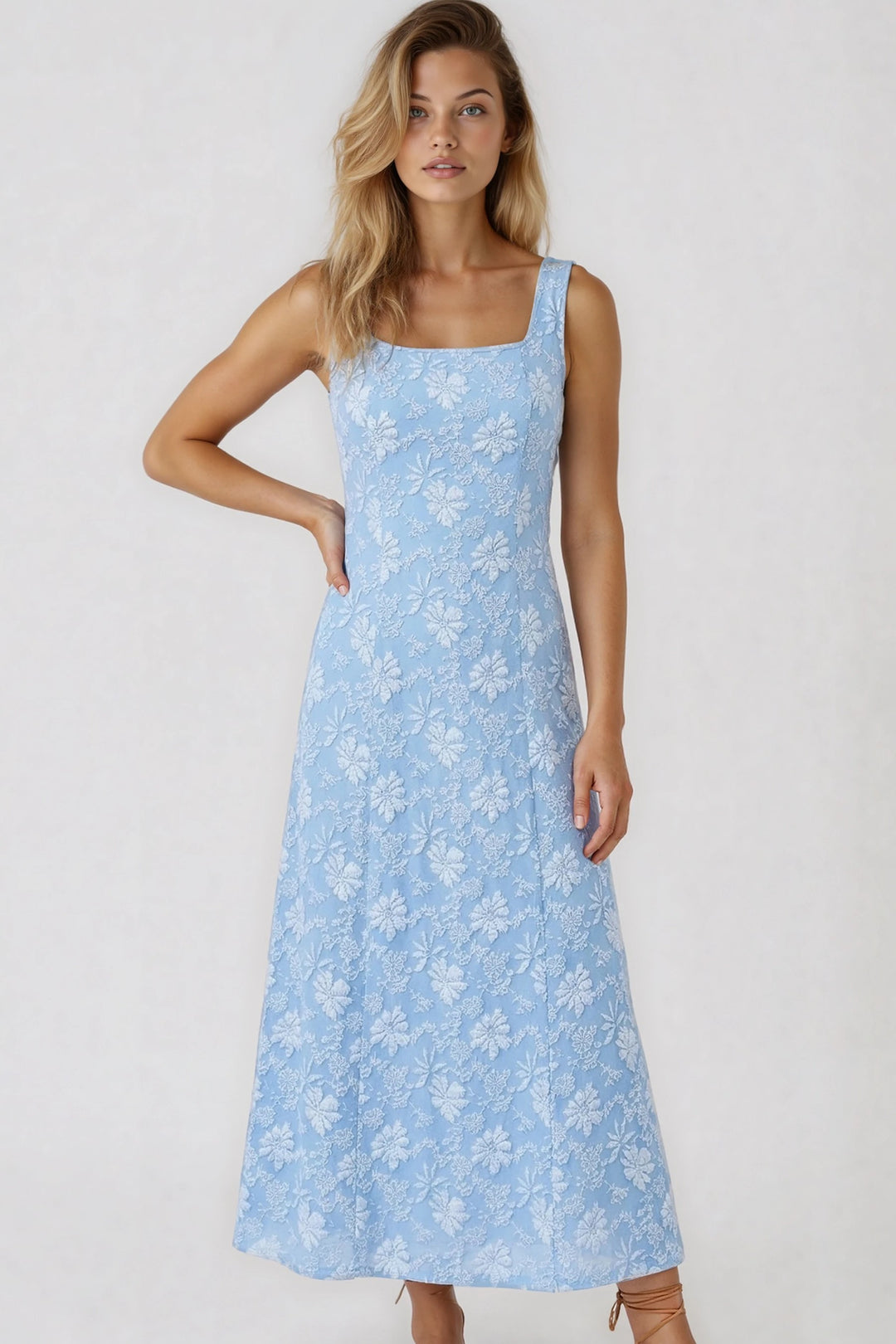 Floral jacquard square neck A-line midi dress