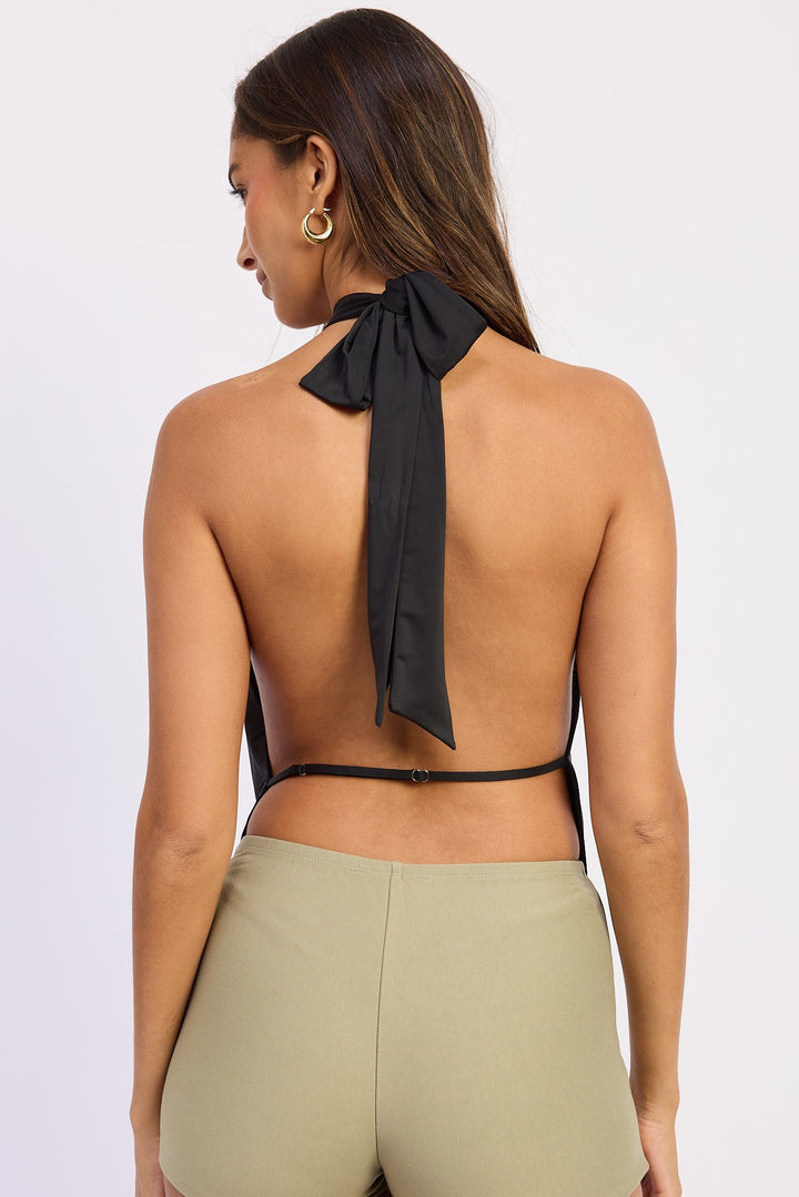 Deep drape halter top with gold starfish trim - BLACK