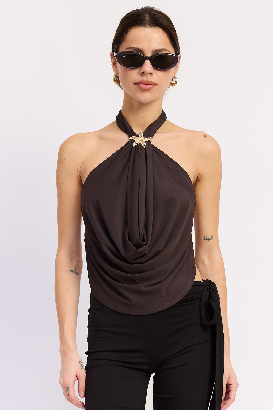 Deep drape halter top with gold starfish trim - Brown