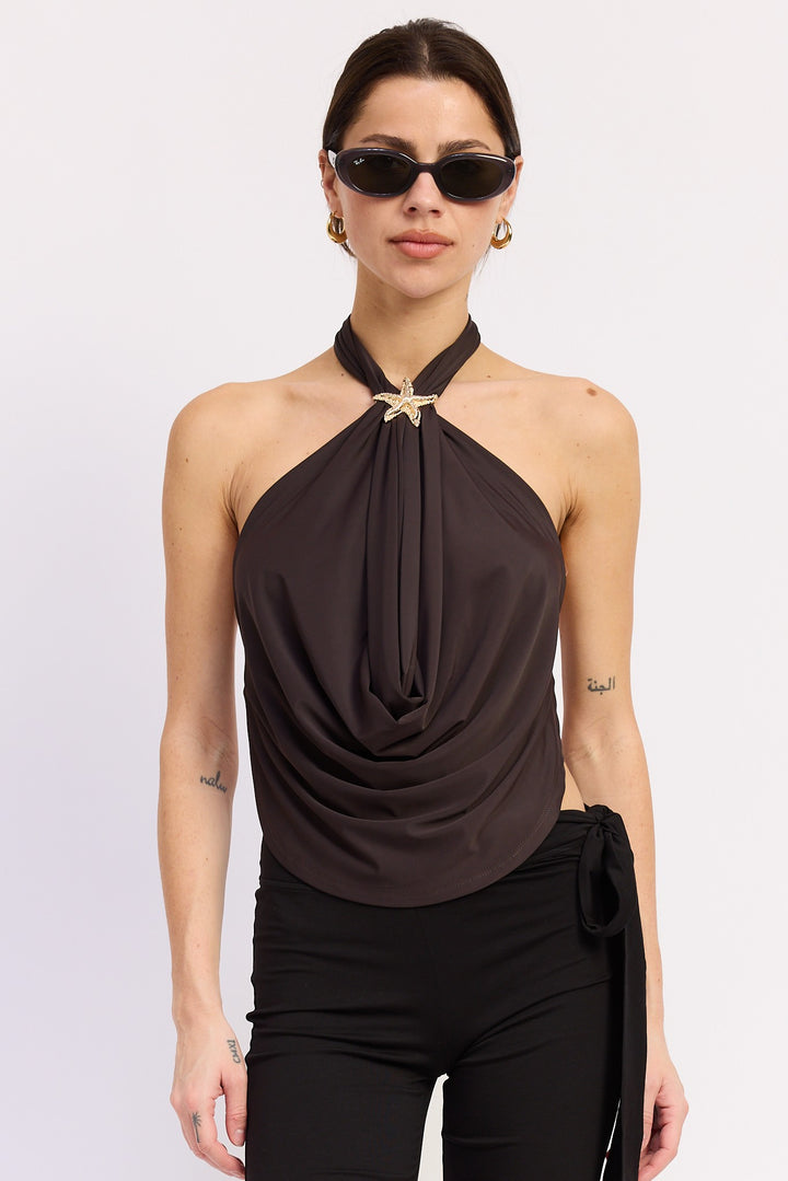 Deep drape halter top with gold starfish trim - Brown