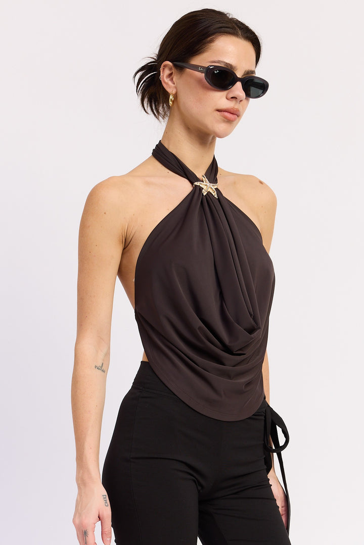 Deep drape halter top with gold starfish trim - BROWN