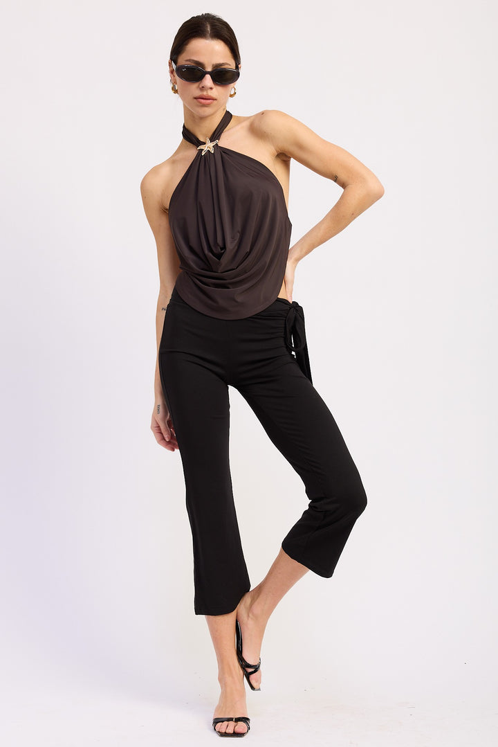 Deep drape halter top with gold starfish trim - BROWN
