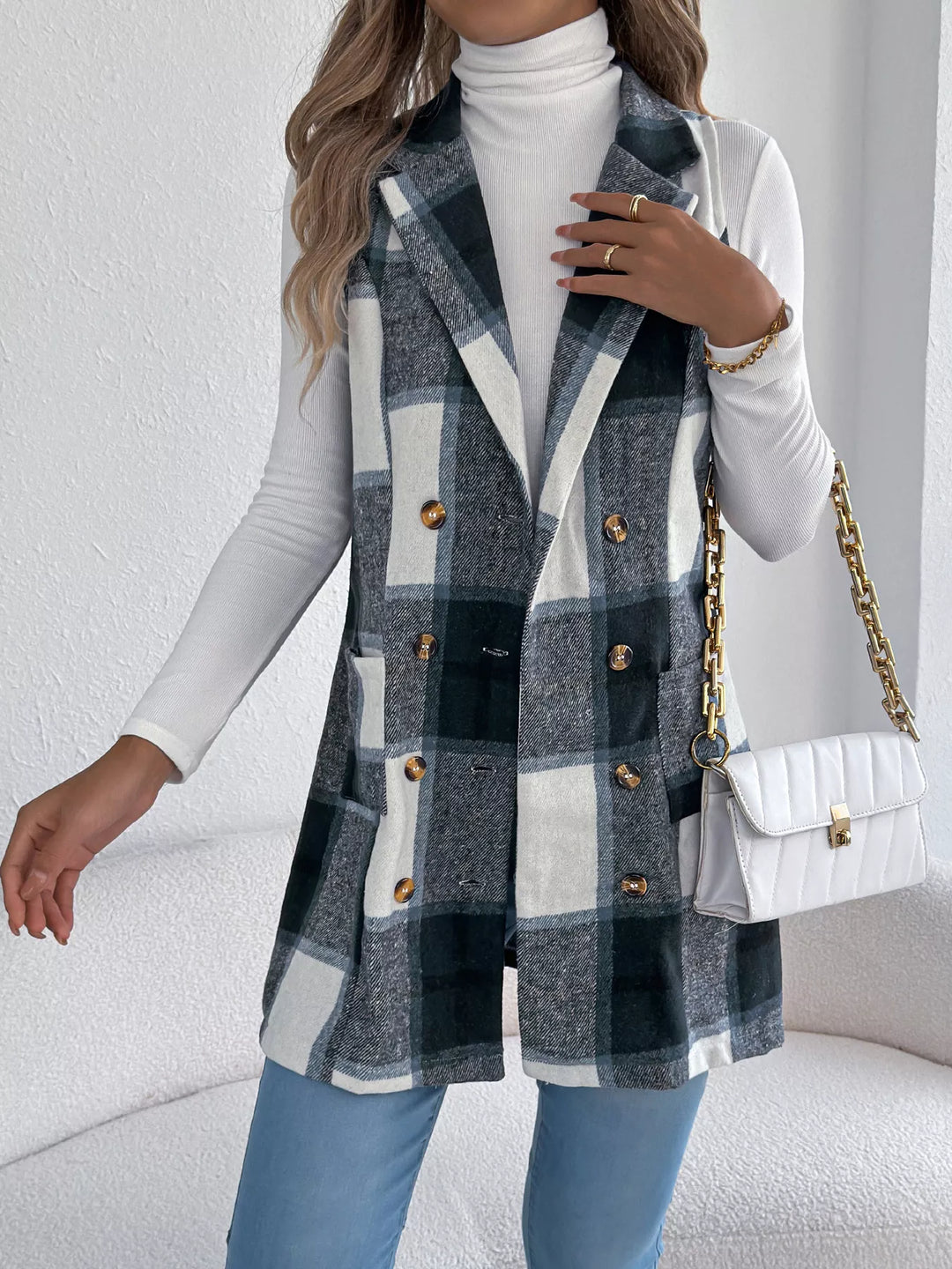 Plaid double-breasted longline vest coat with notched lapel