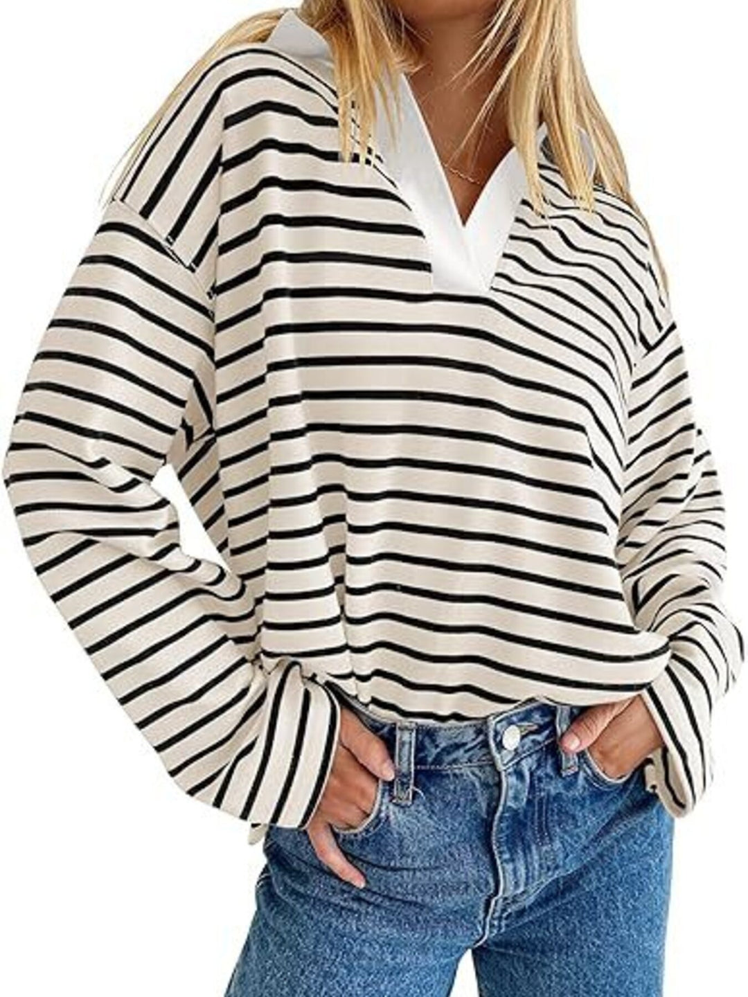 Striped oversized long sleeve top with contrast collar