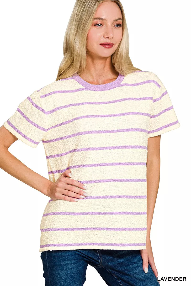 LAVENDER Textured striped short sleeve crew neck top