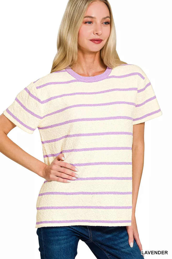 LAVENDER Textured striped short sleeve crew neck top