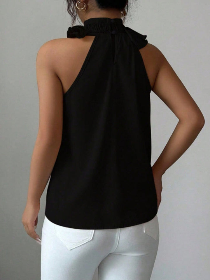 Flowy ruffle-trim high-neck sleeveless blouse